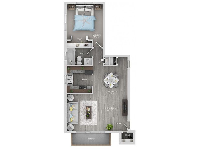 one bedroom one bath apartment floor plan