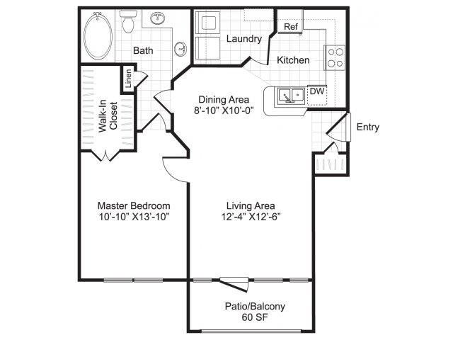 One bedroom one bathroom A1 floorplan at Woodway Square Apartments in Houston, TX