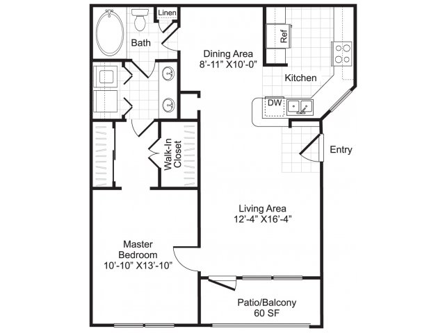 One bedroom one bathroom A2 floorplan at Woodway Square Apartments in Houston, TX
