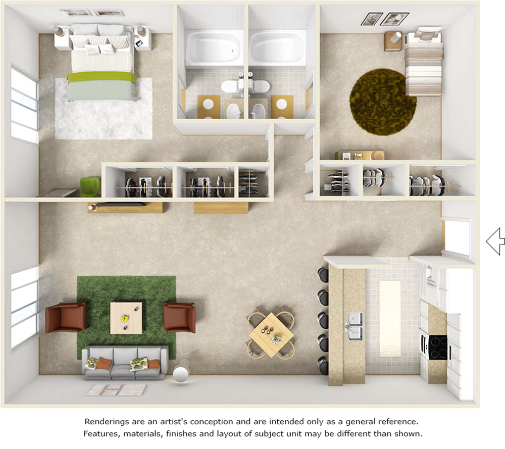 Bluegill floor plan with 2 bedrooms, 2 bathrooms, washer, dryer, and wood style floor