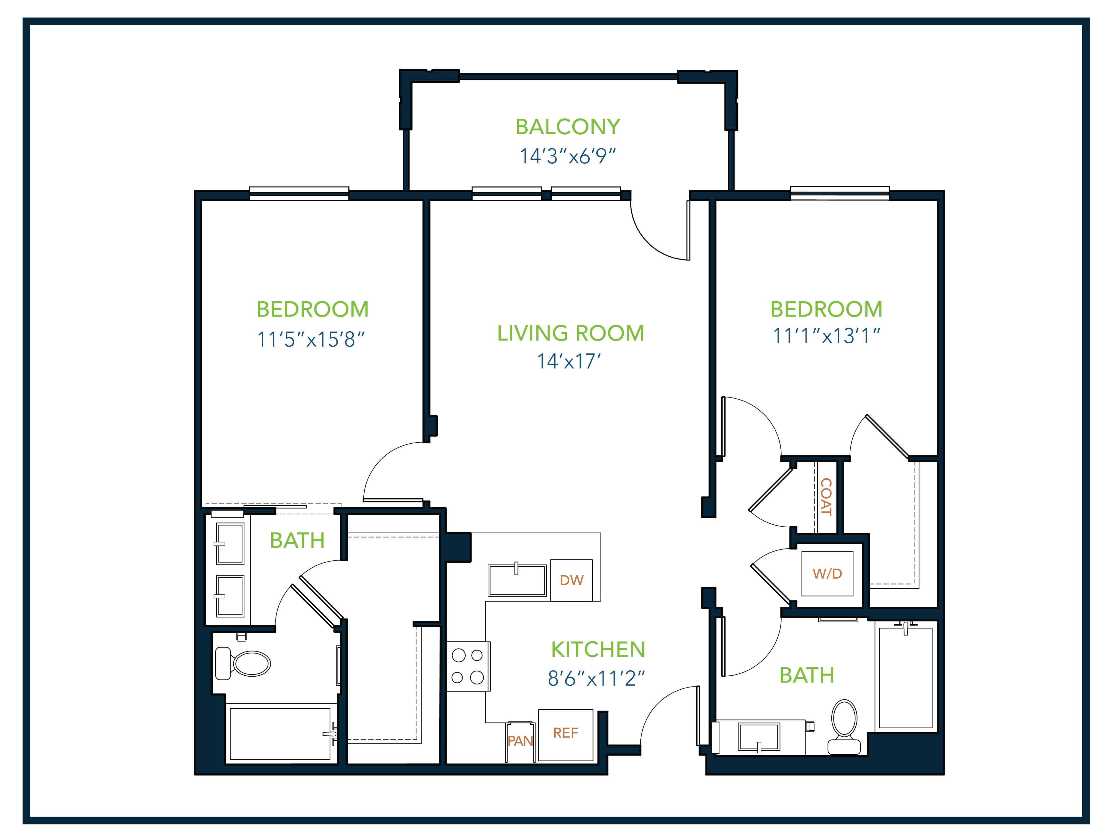 2 Bed Floor Plan 1,111 SQ FT Blu Harbor Apartments