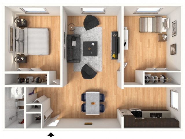 2X1B Floorplan: 2 Bedroom, 1 Bathroom; 693sqft