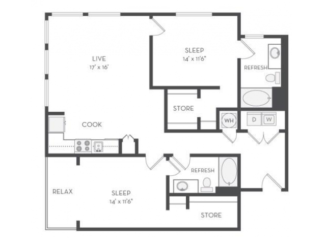 The Albert Floor Plan | 2 Bedroom with 2 Bath | 1277 Square Feet | Cottonwood Westside | Apartment Homes
