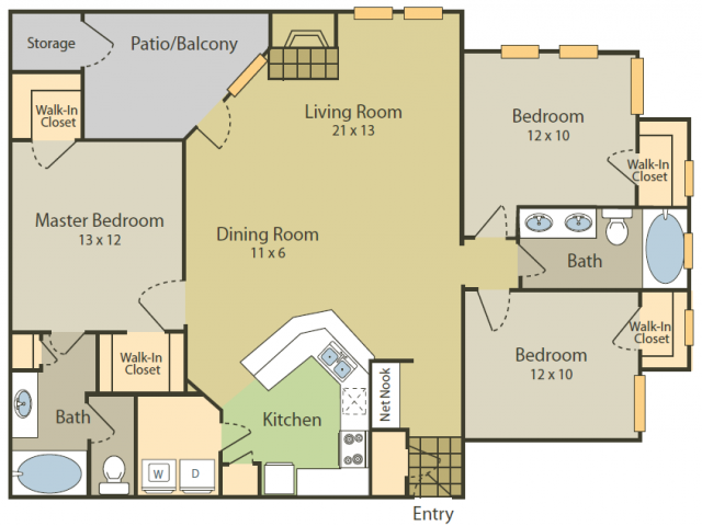 Da Vinci Floor Plan 1 | 3 Bedroom with 2 Bath | 1383 Square Feet | Stonebriar of Frisco | Apartment Homes