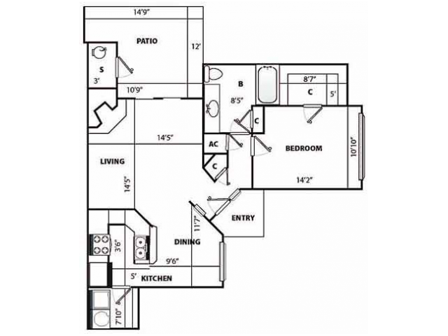 C Renovated Floor Plan | 1 Bedroom with 1 Bath | 981 Square Feet | Pavilions | Apartment Homes