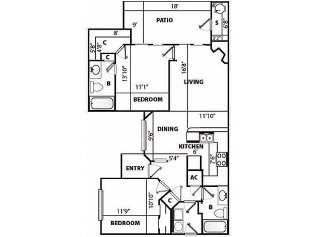 D1 Renovated Floor Plan | 2 Bedroom with 2 Bath | 1192 Square Feet | Pavilions | Apartment Homes