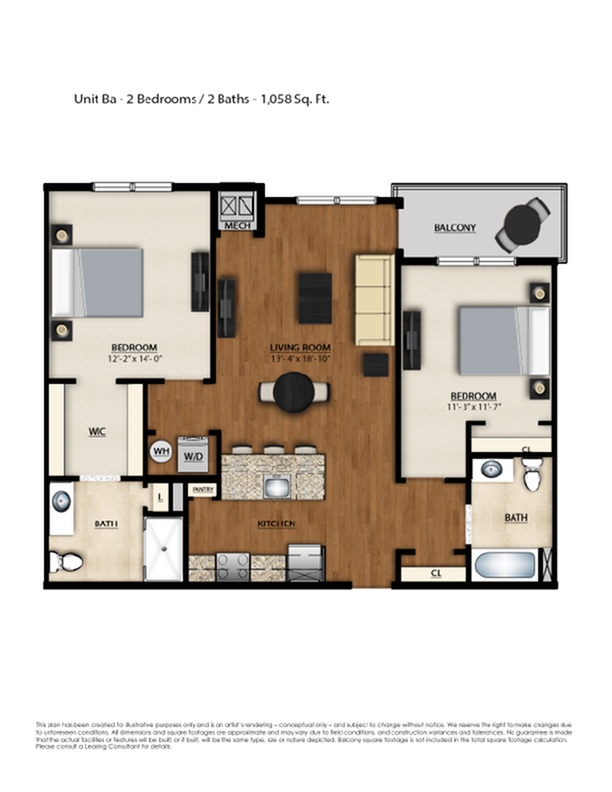 BA Floor Plan | 2 Bedroom 2 Bath | 1058 Square Feet | Parc Westborough | Apartment Homes