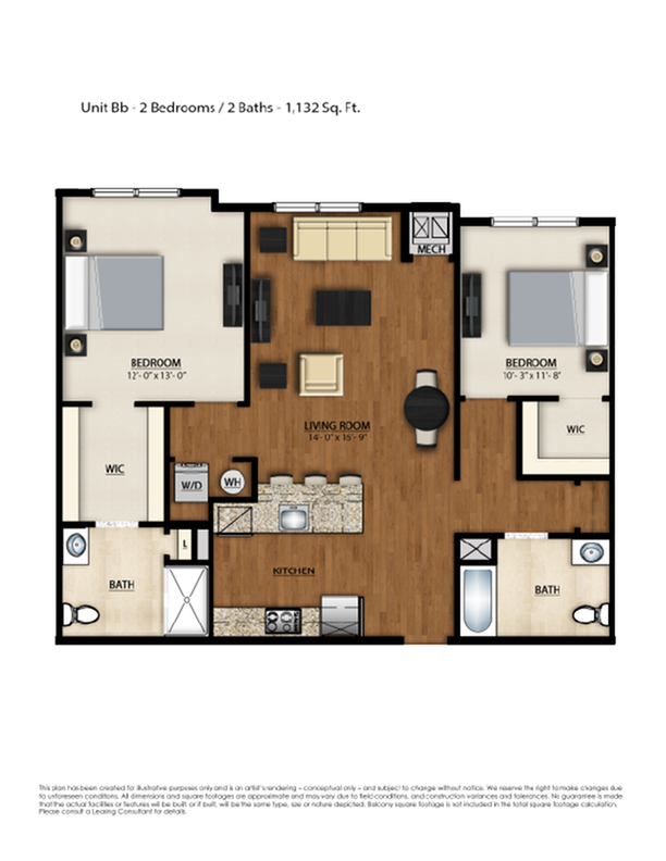 BB Floor Plan | 2 Bedroom 2 Bath | 1132 Square Feet | Parc Westborough | Apartment Homes