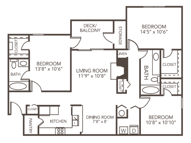 Elm Floor Plan | 3 Bedroom with 2 Bath | 1212 Square Feet | 1070 Main | Apartment Homes