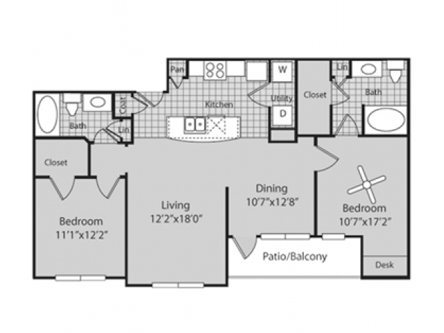 B2 Floor Plan | 2 Bedroom with 2 Bath | 1113 Square Feet | Bluffs at Vista Ridge | Apartment Homes
