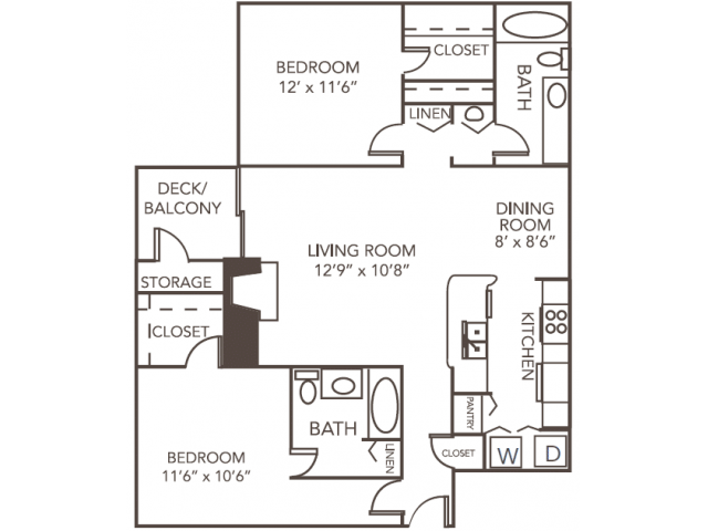 Renovated Dogwood Floor Plan | 2 Bedroom with 2 Bath | 1055 Square Feet | 1070 Main | Apartment Homes
