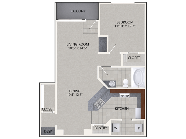 A3 Floor Plan | 1 Bedroom with 1 Bath | 827 Square Feet | Cottonwood Ridgeview | Apartment Homes