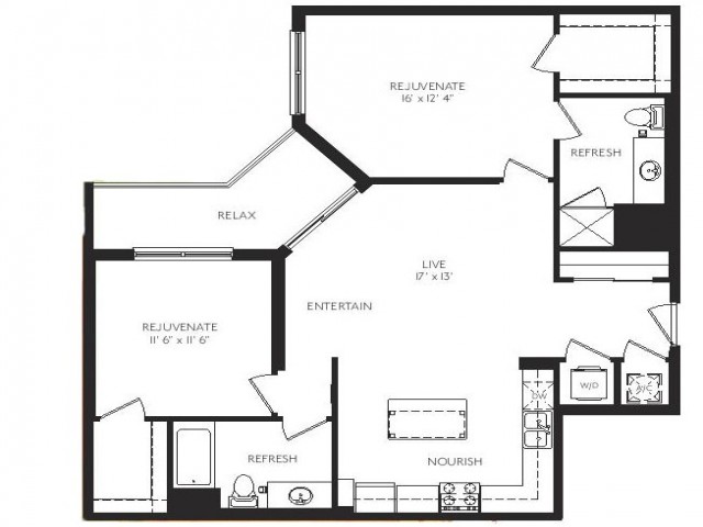 The Realist Floor Plan | 2 Bedroom 2 Bath | 1115 Square Feet | Cottonwood Bayview | Apartment Homes