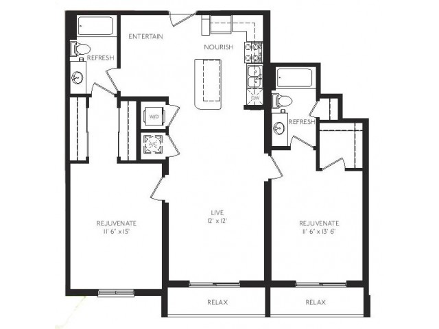 The Salon Floor Plan | 2 Bedroom 2 Bath | 1132 Square Feet | Cottonwood Bayview | Apartment Homes