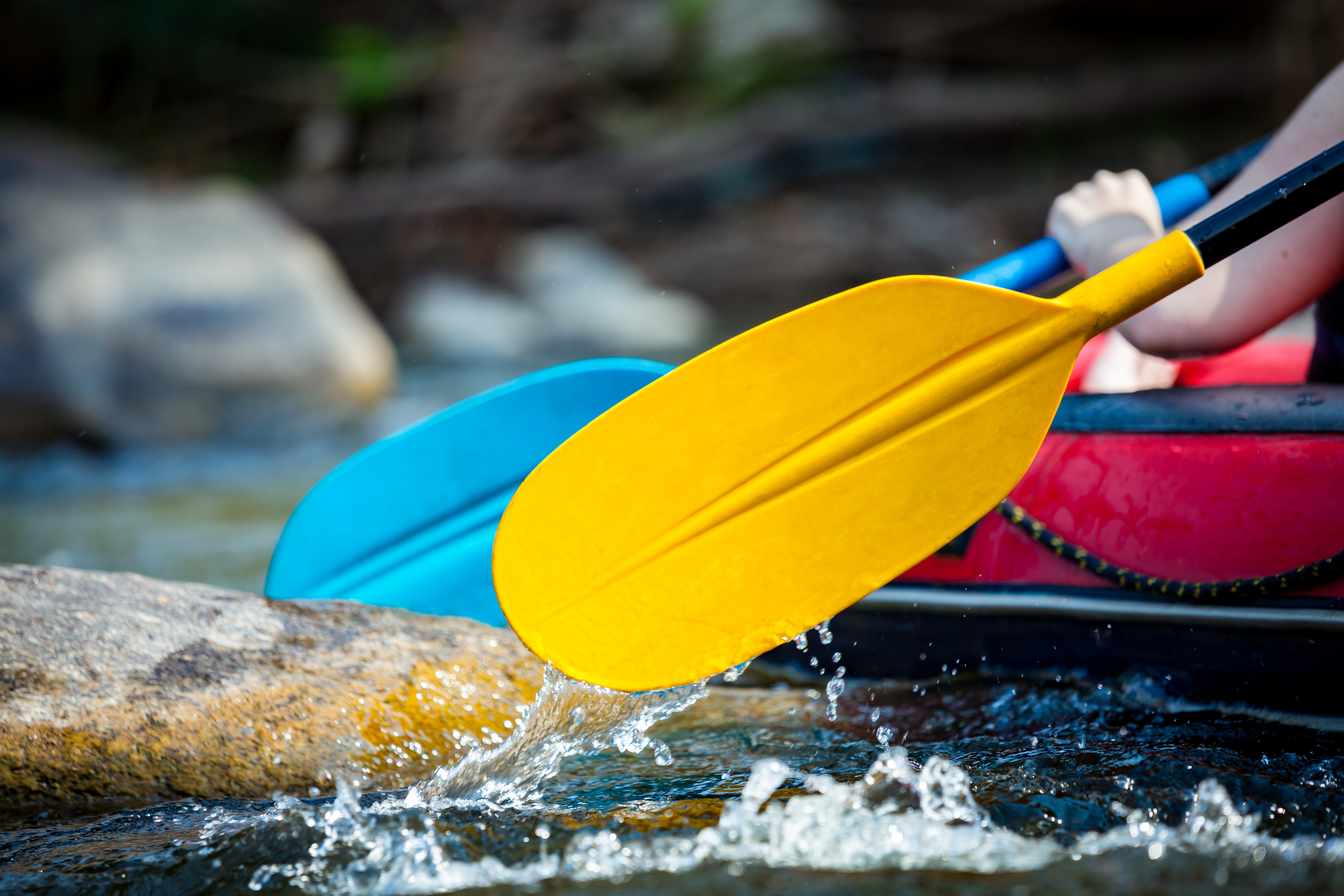 Close-up of a kayak and two paddles heading down the river. at White Water Center