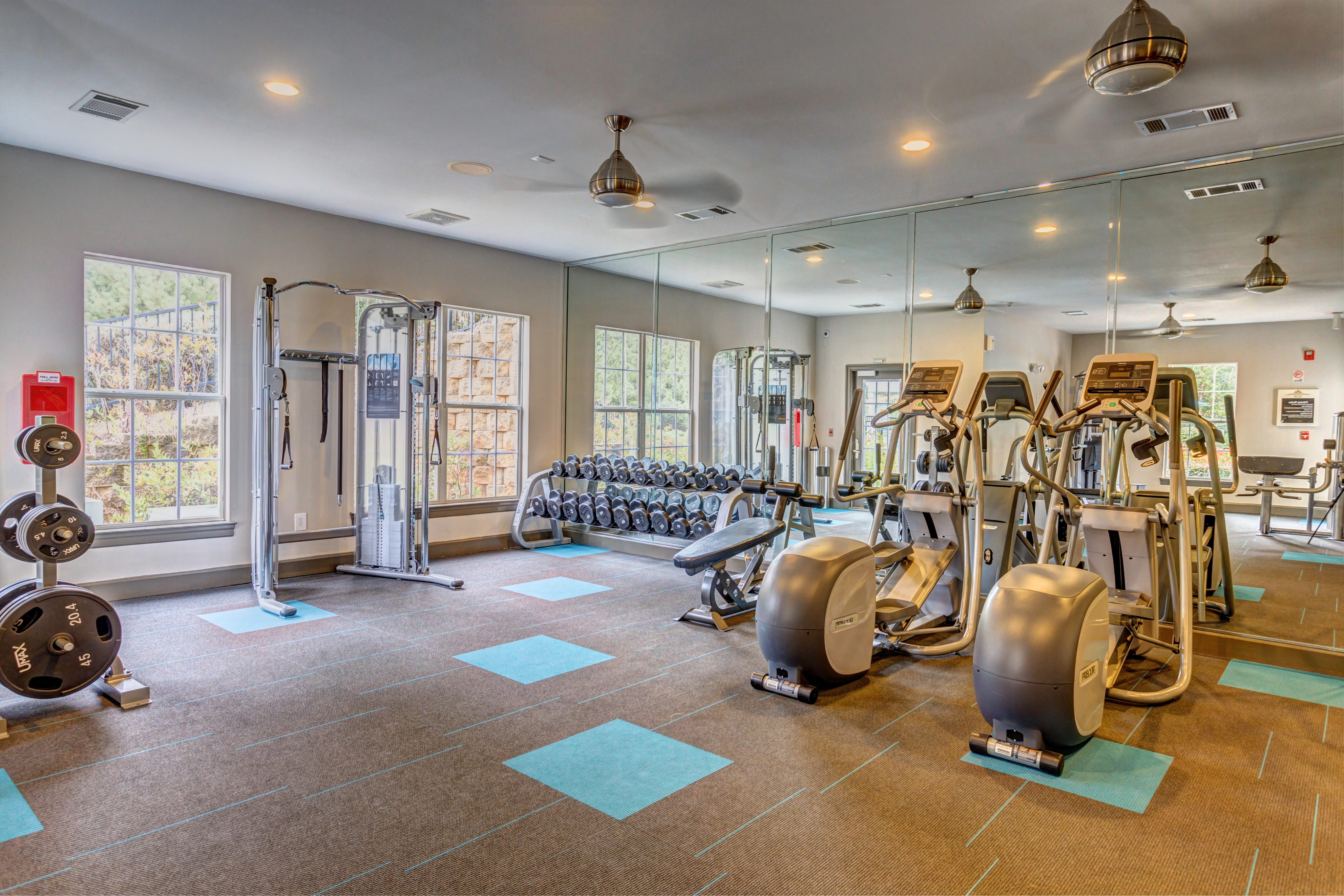 View of Fitness Center, Showing Cardio Machines, Free Weights, and Cable Machine at Summer Park Apartments