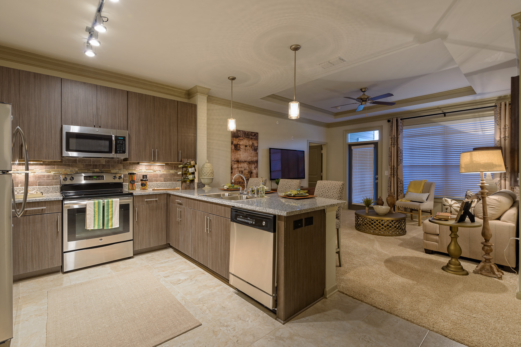 View of Kitchen, Showing Granite Countertop and View of Living Room at Heights at Meridian Apartments