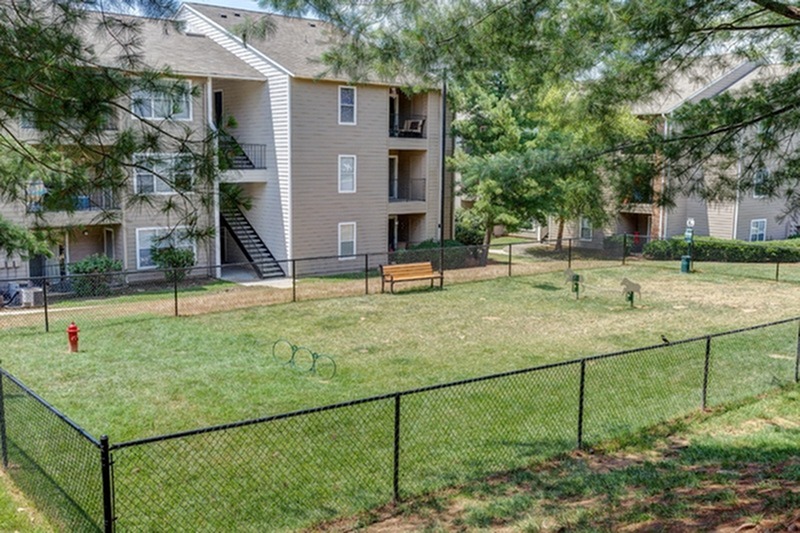 View of Dog Park, Showing Grass, Bench, and Pick-Up Station at 1070 Main Apartments