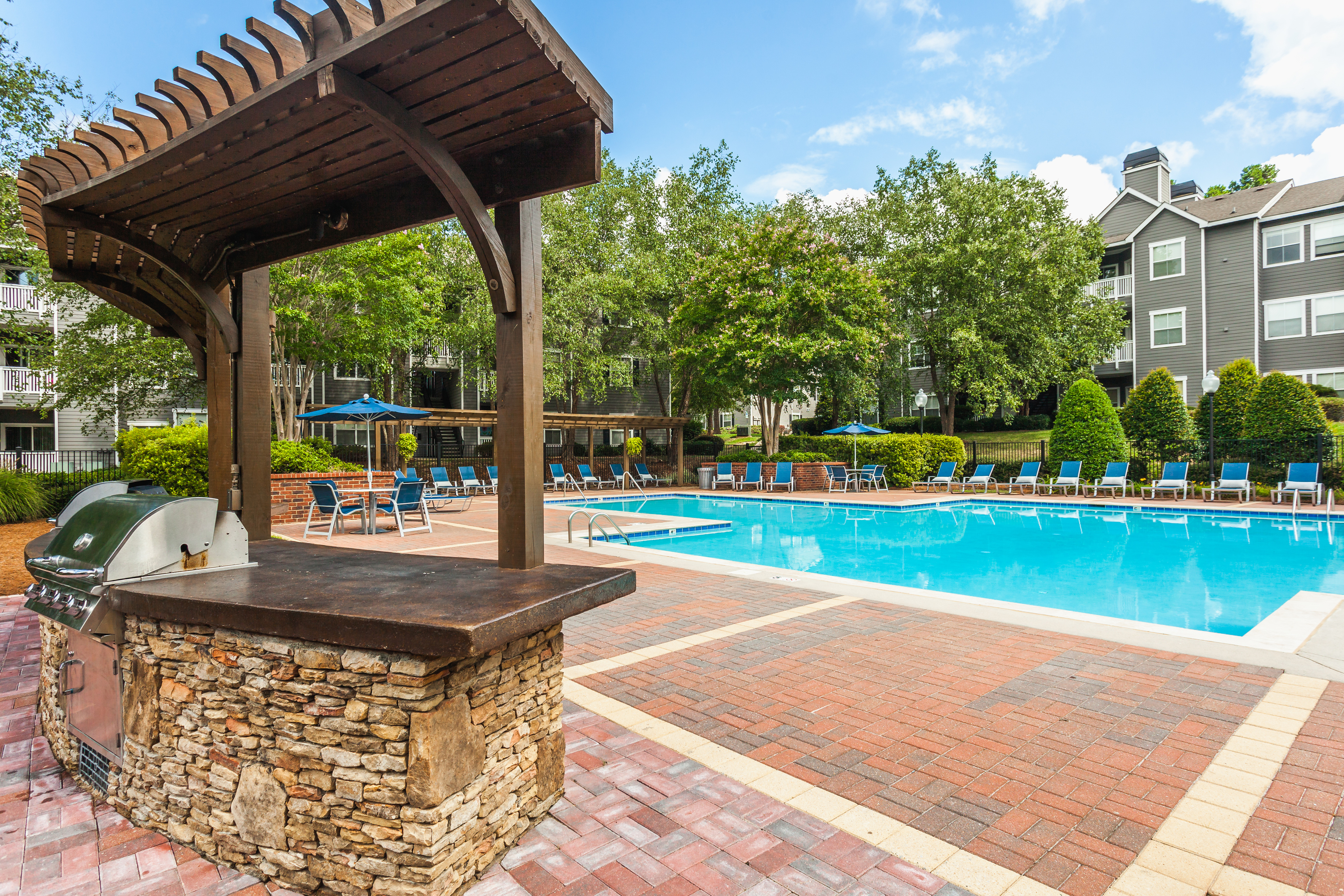 View of Grilling Area, Showing Grill, Pergola, Picnic Areas at Waterford Creek Apartments