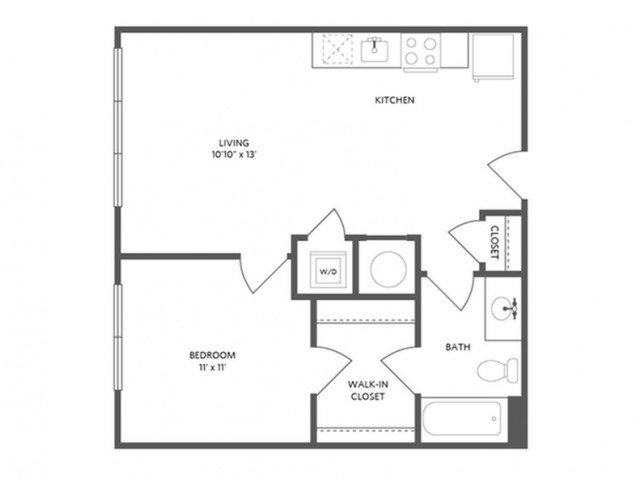 600 square foot one bedroom with walk-in closet one dual access bath apartment floorplan image