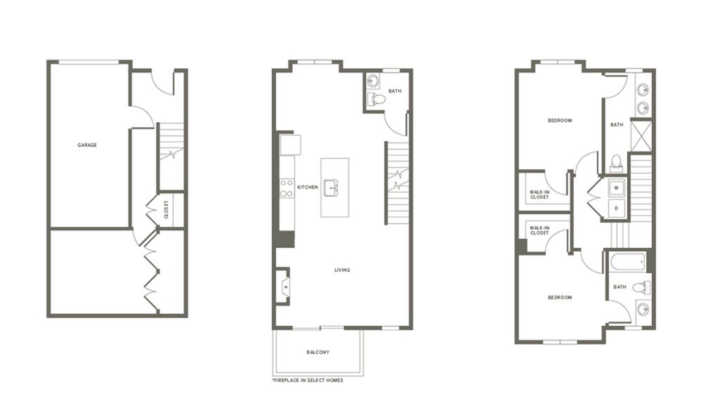 1756 square foot two bedroom two and a half bath townhome floorplan image