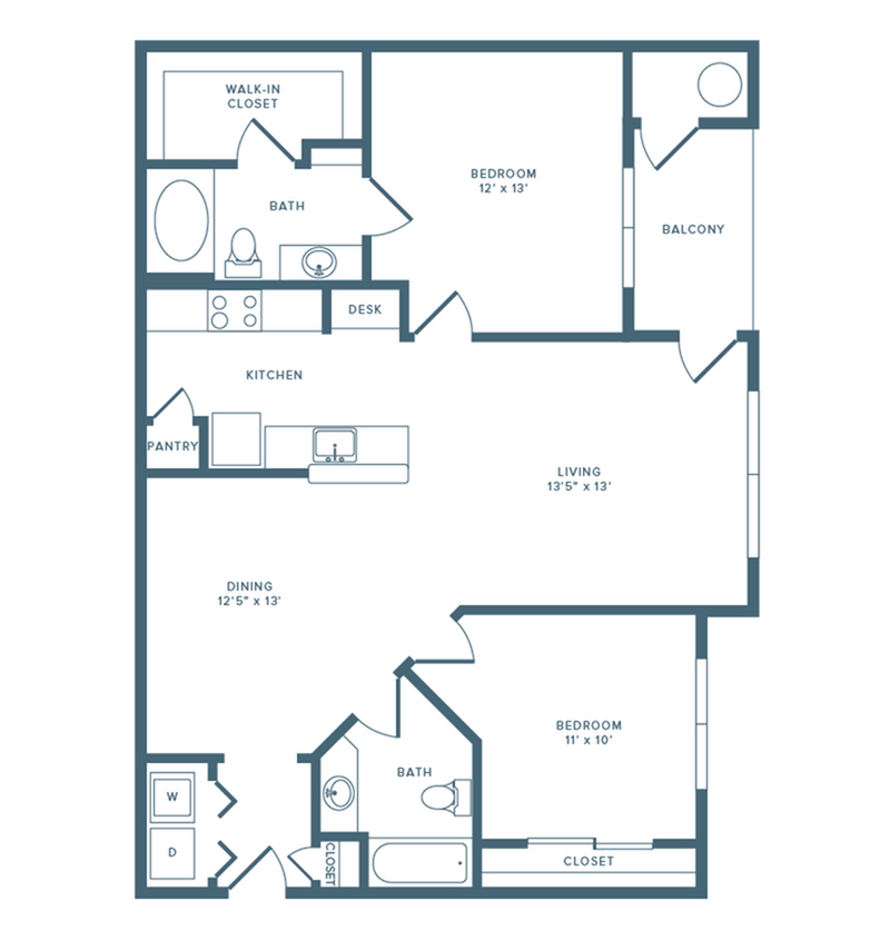 1080 square foot renovated two bedroom two bath apartment floorplan image