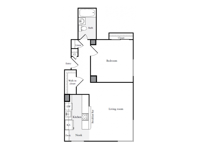 659 square foot one bedroom one bath apartment floorplan image