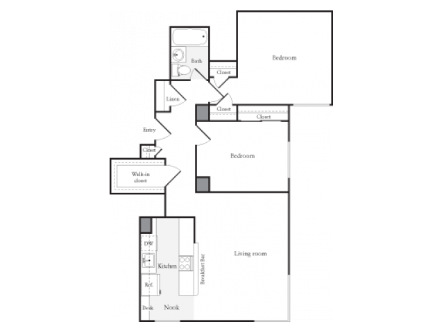 858 square foot two bedroom one bath apartment floorplan image