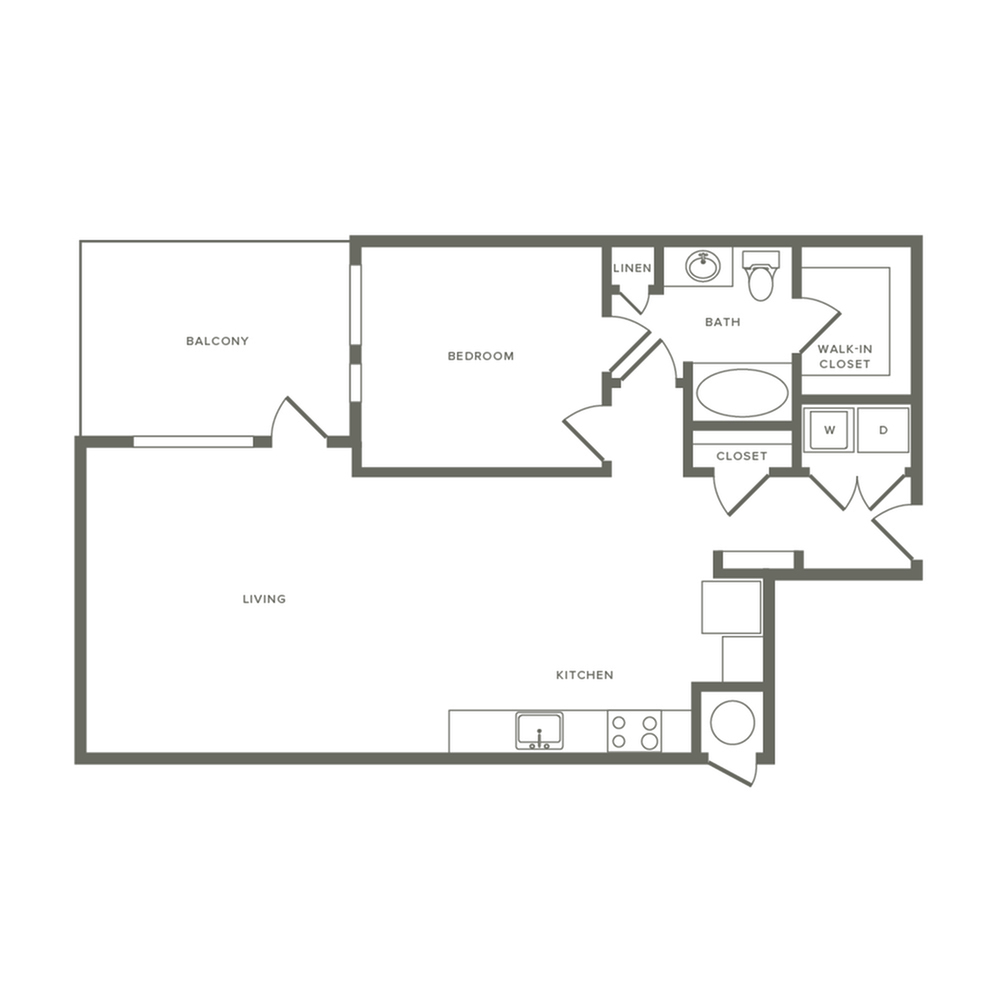 791 to 882 square foot one bedroom one bath with laundry closet apartment floorplan image