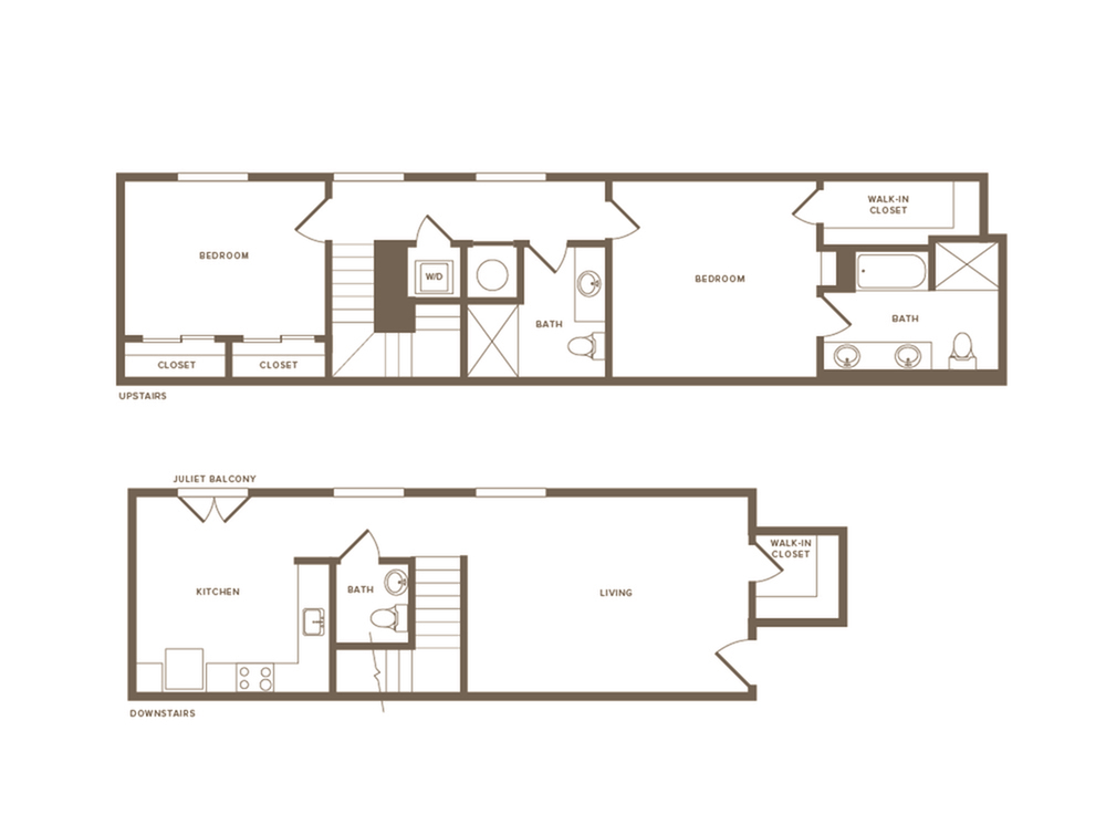1347 square foot two bedroom two and a half bath two story apartment floorplan image