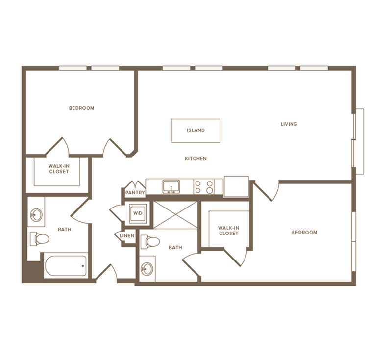 1023 square foot two bedroom two bath floor plan image