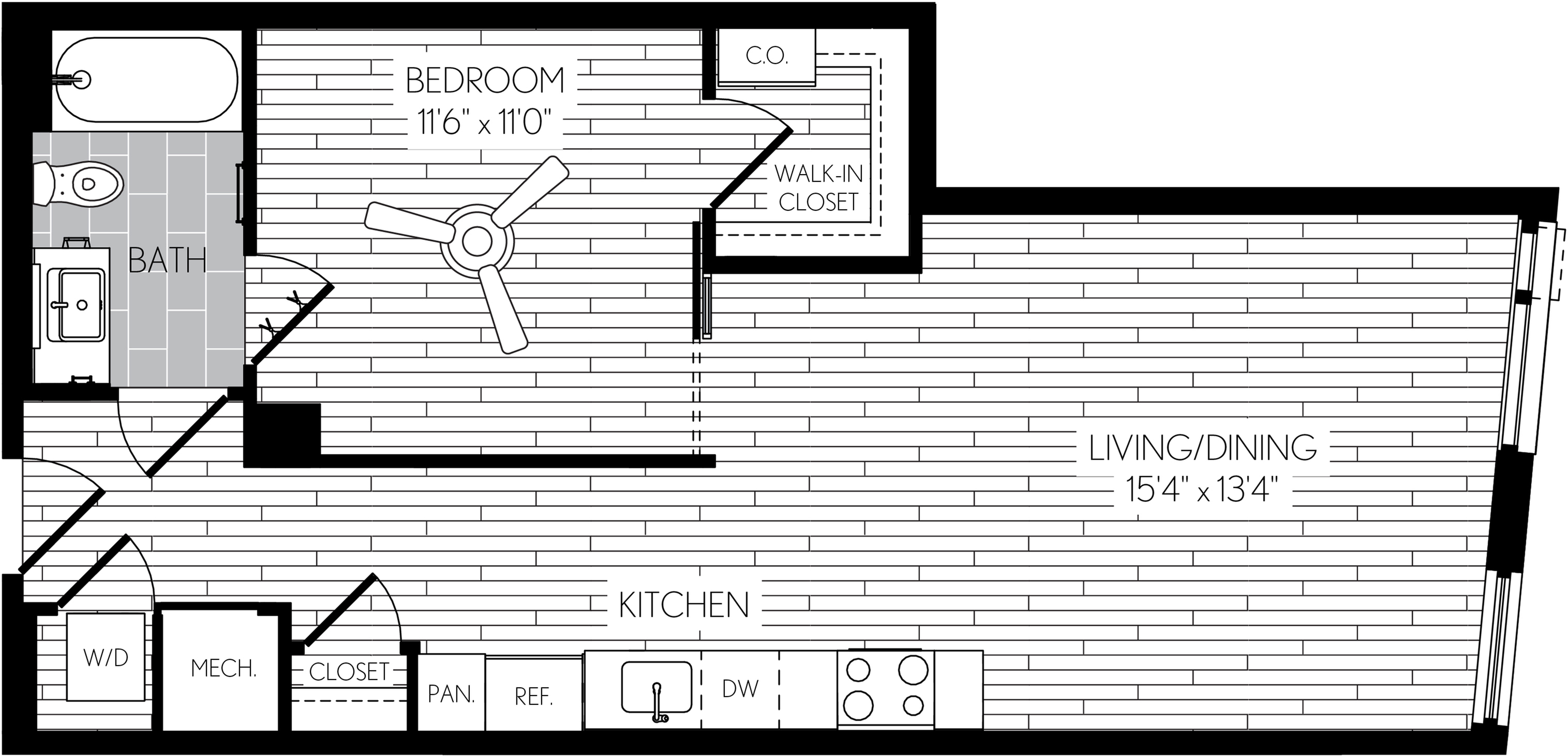 671 square foot one bedroom one bath apartment floorplan image