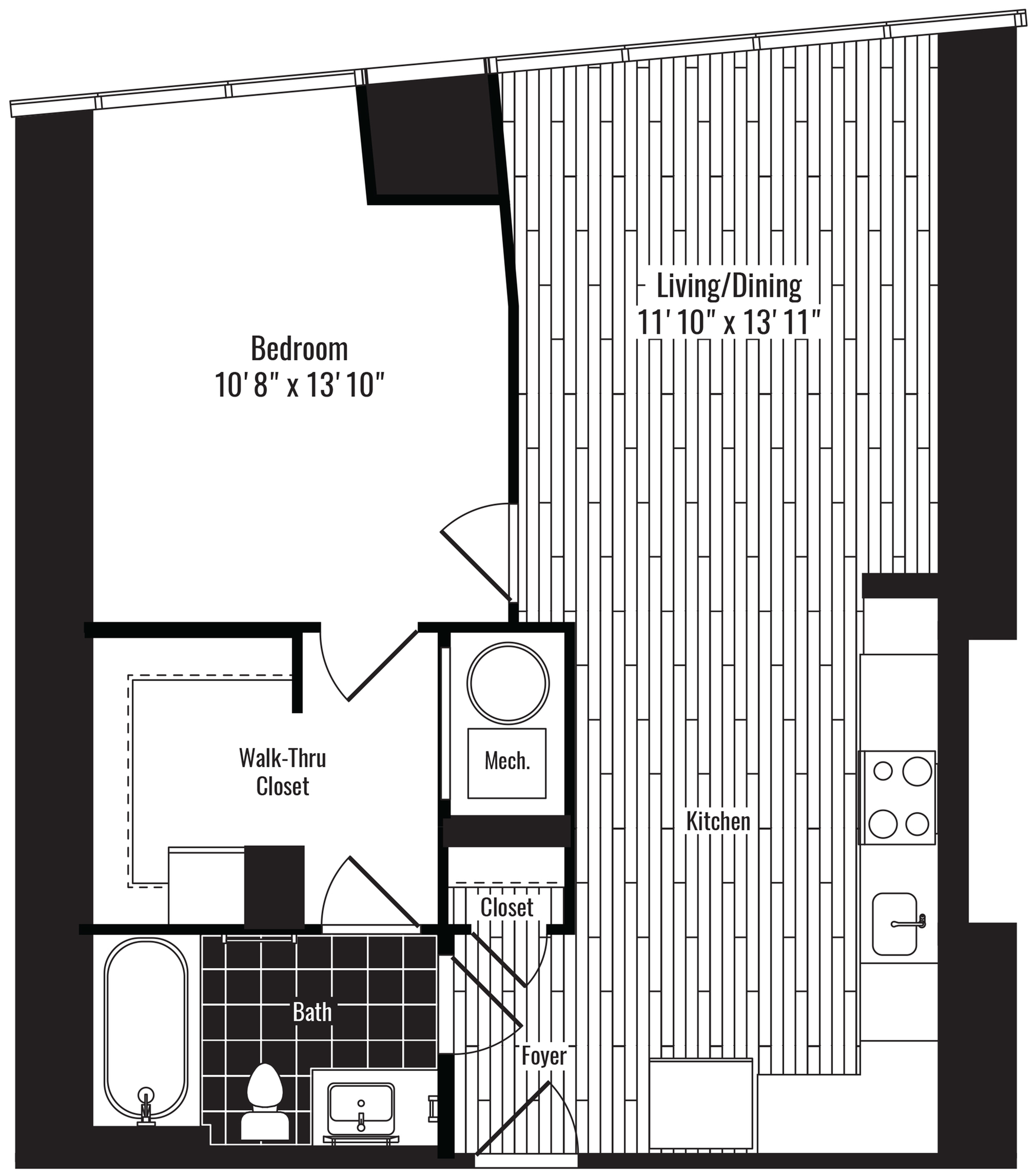 688 square foot one bedroom one bath apartment floorplan image