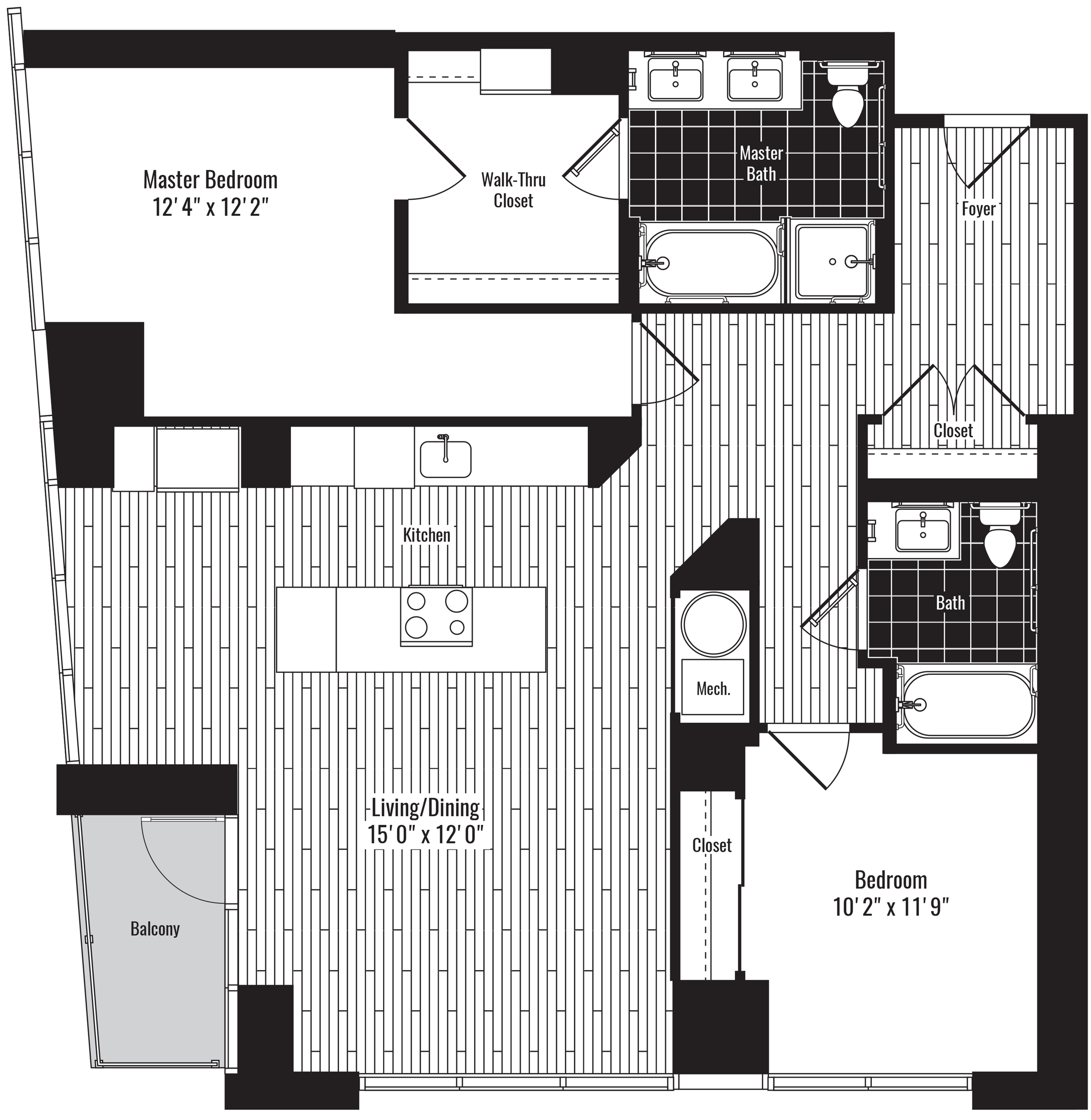 1245 square foot two bedroom two bath apartment floorplan image