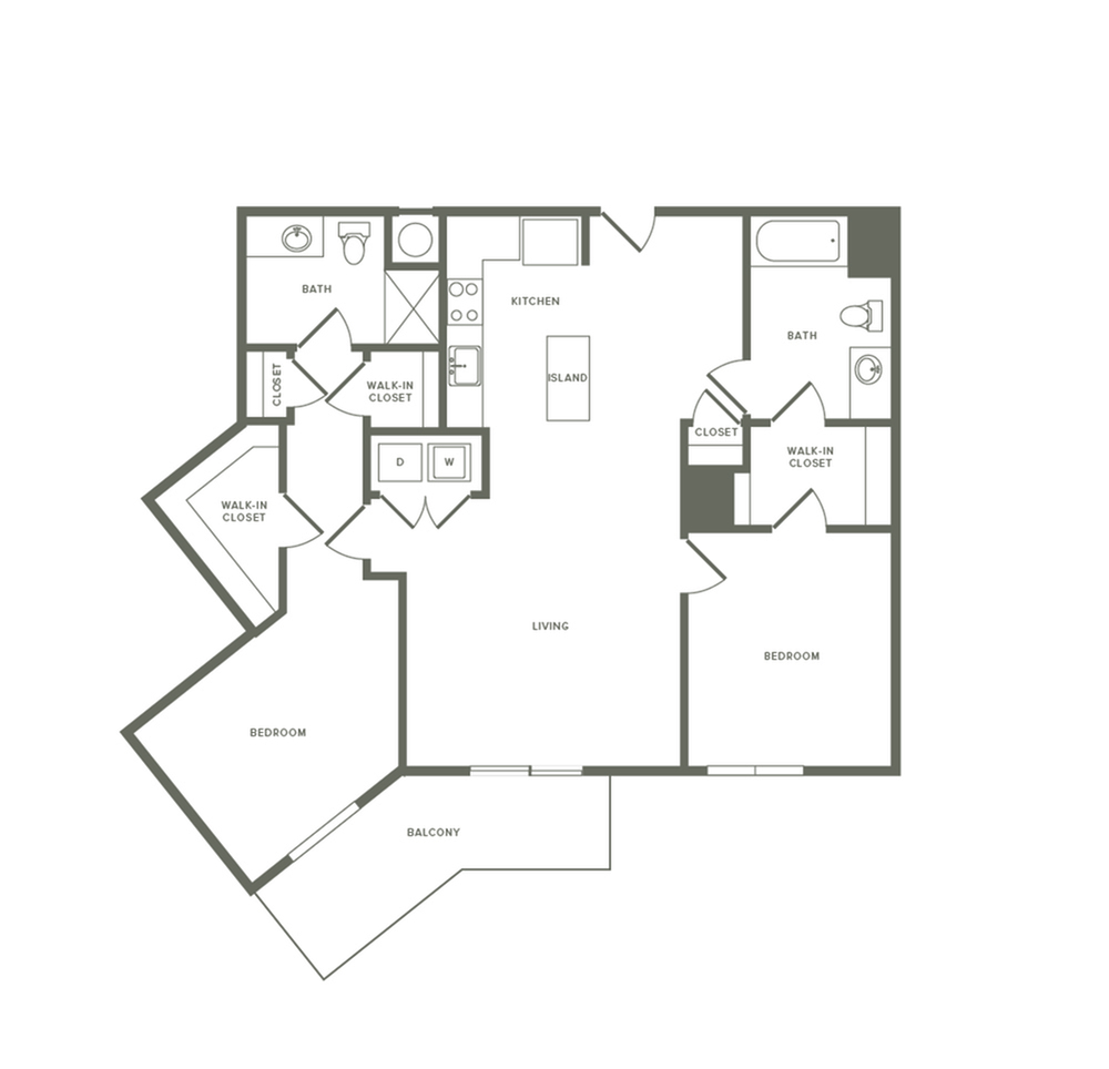 1216 square foot two bedroom two bath apartment floorplan image