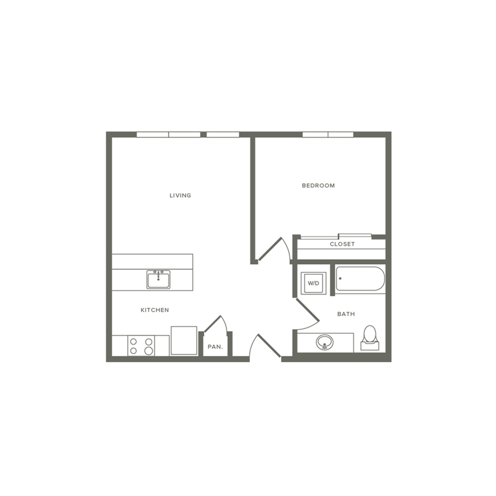 624 square foot one bedroom one bath apartment floorplan image