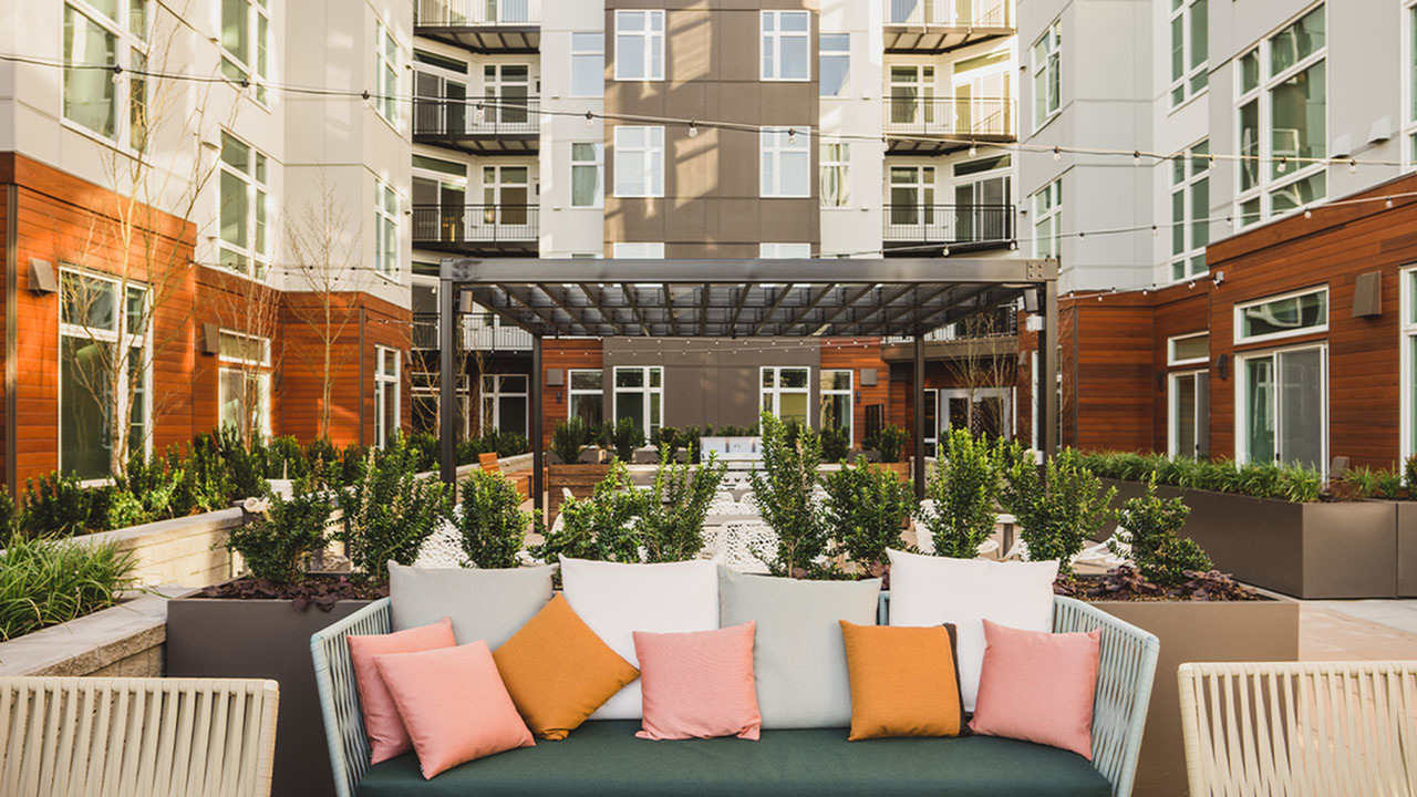 Interior courtyard with plush social seating