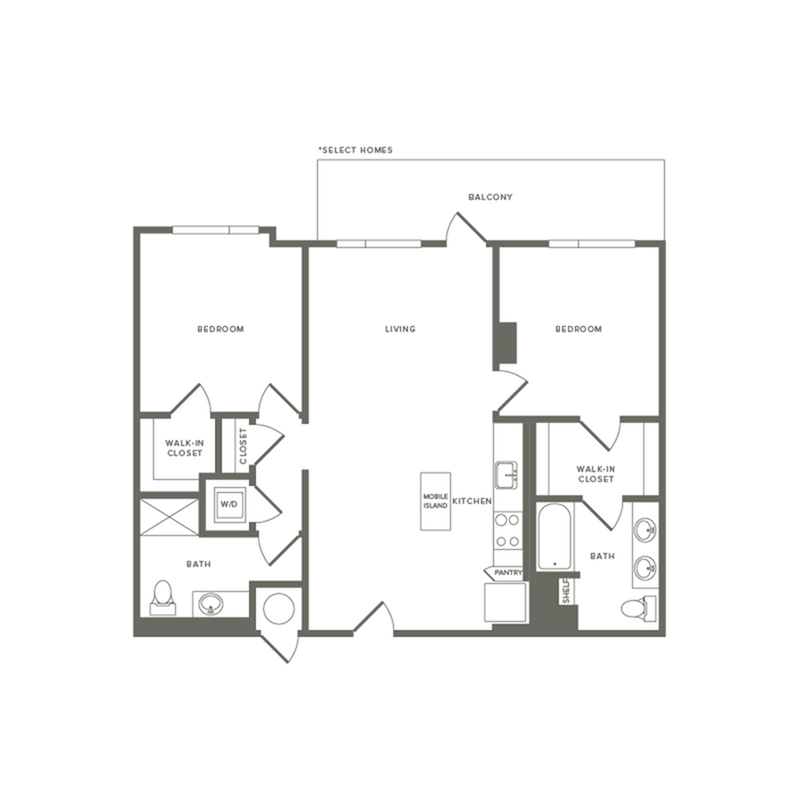 1021 to 1049 square foot two bedroom two bath apartment floorplan image