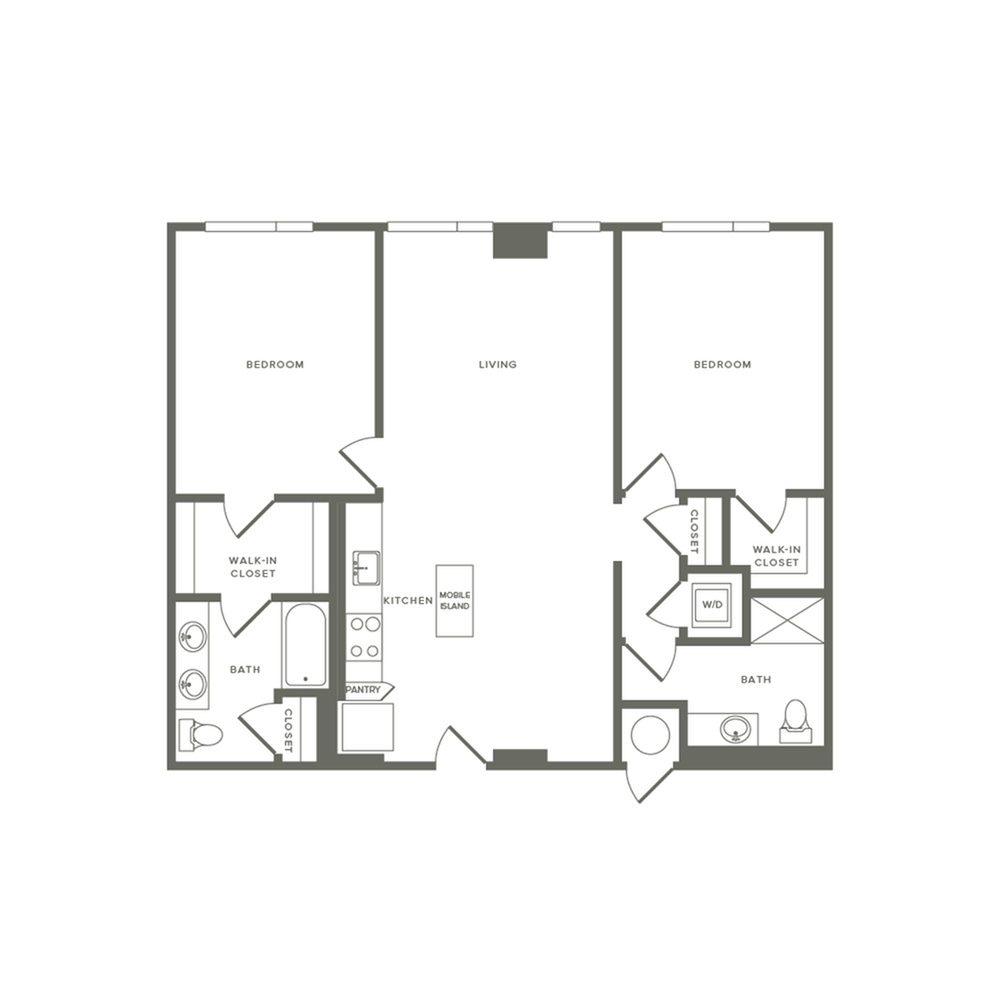 1055 to 1122 square foot two bedroom two bath apartment floorplan image