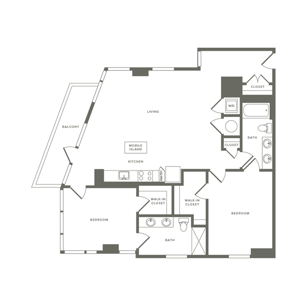 1274 square foot two bedroom two bath apartment floorplan image