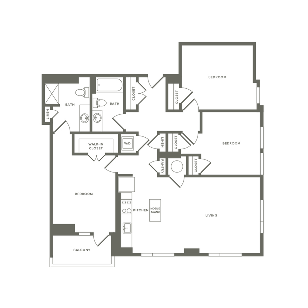 1282 square foot three bedroom two bath apartment floorplan image