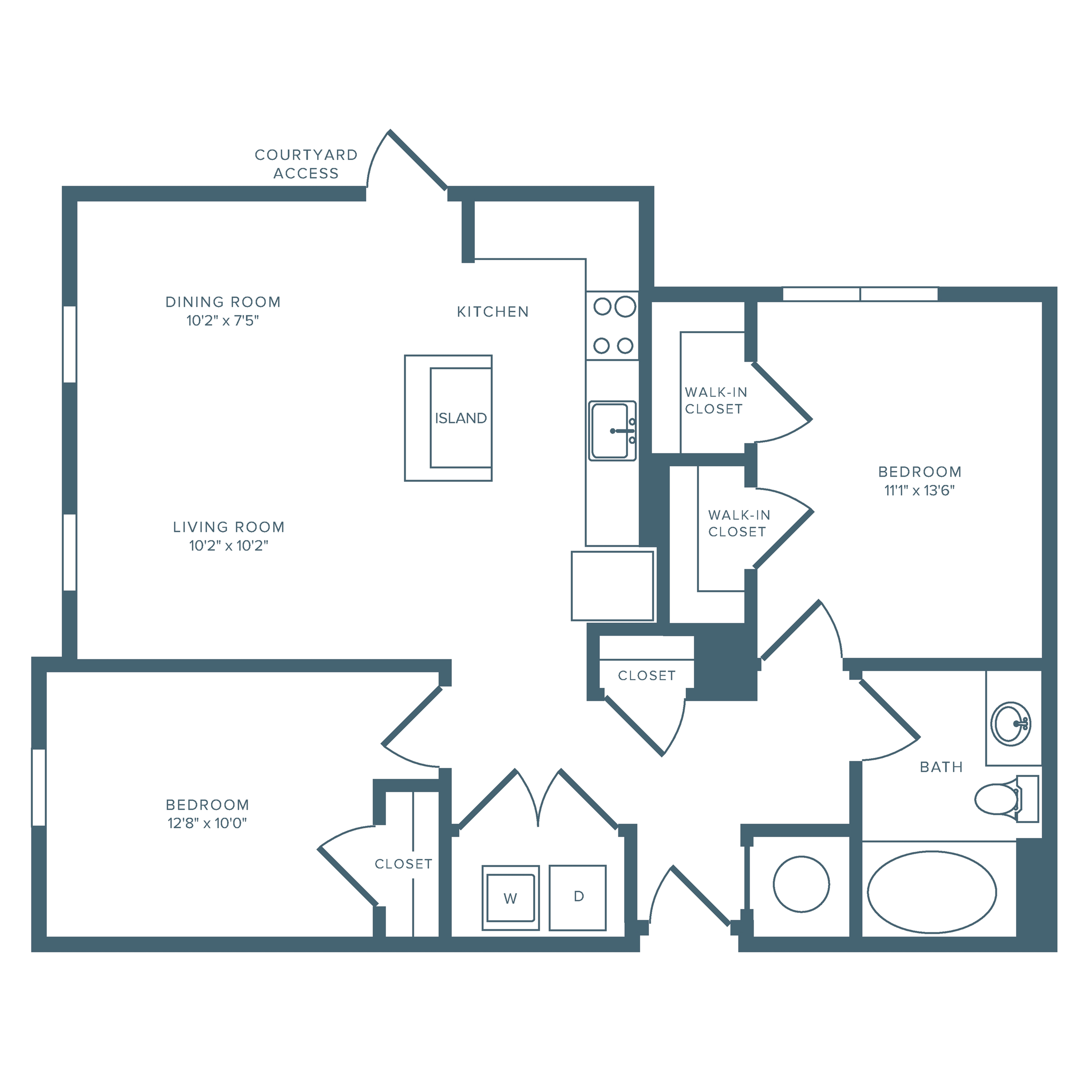 1223 square foot two bedroom two bath apartment floorplan image
