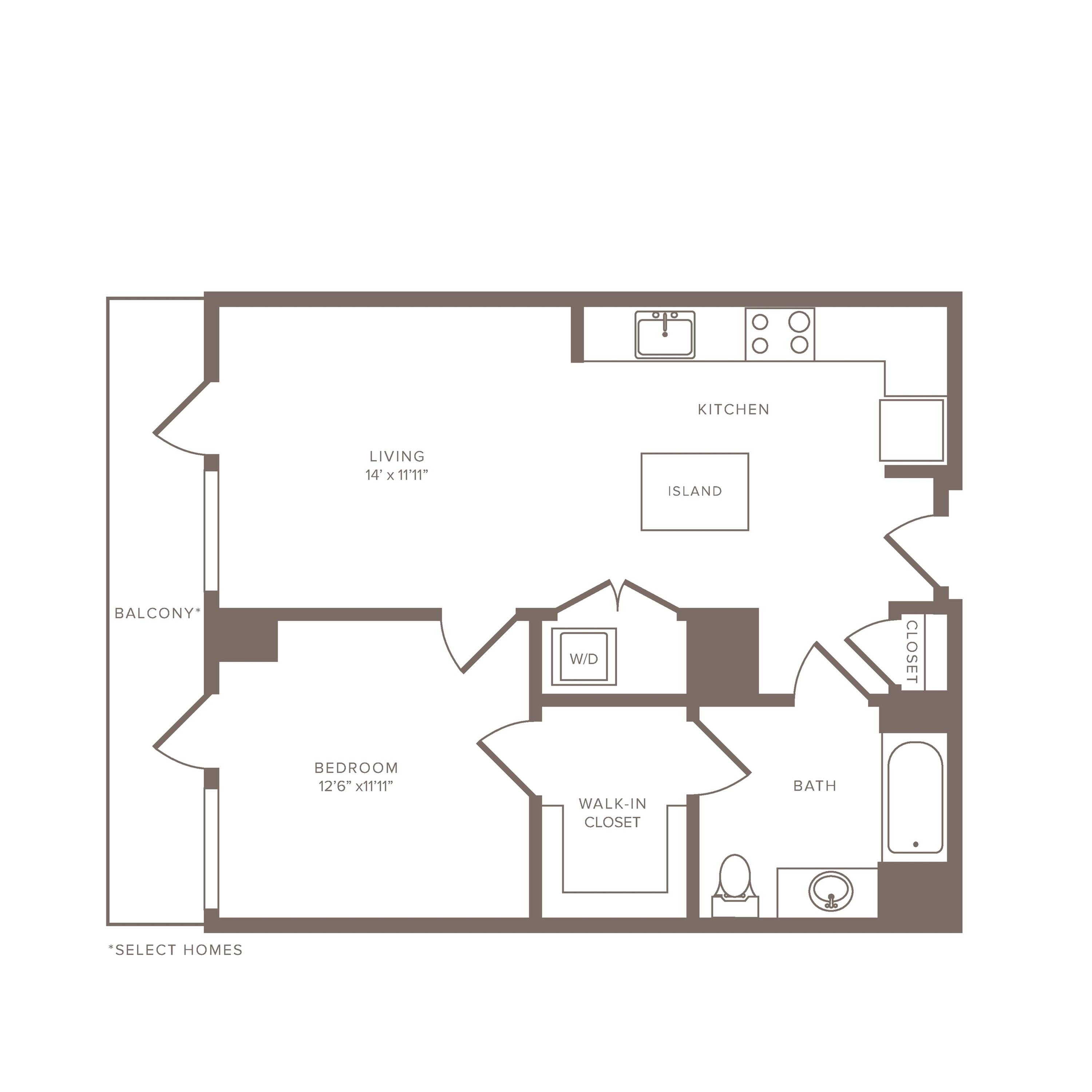 752 square foot one bedroom one bath ADA apartment floorplan image
