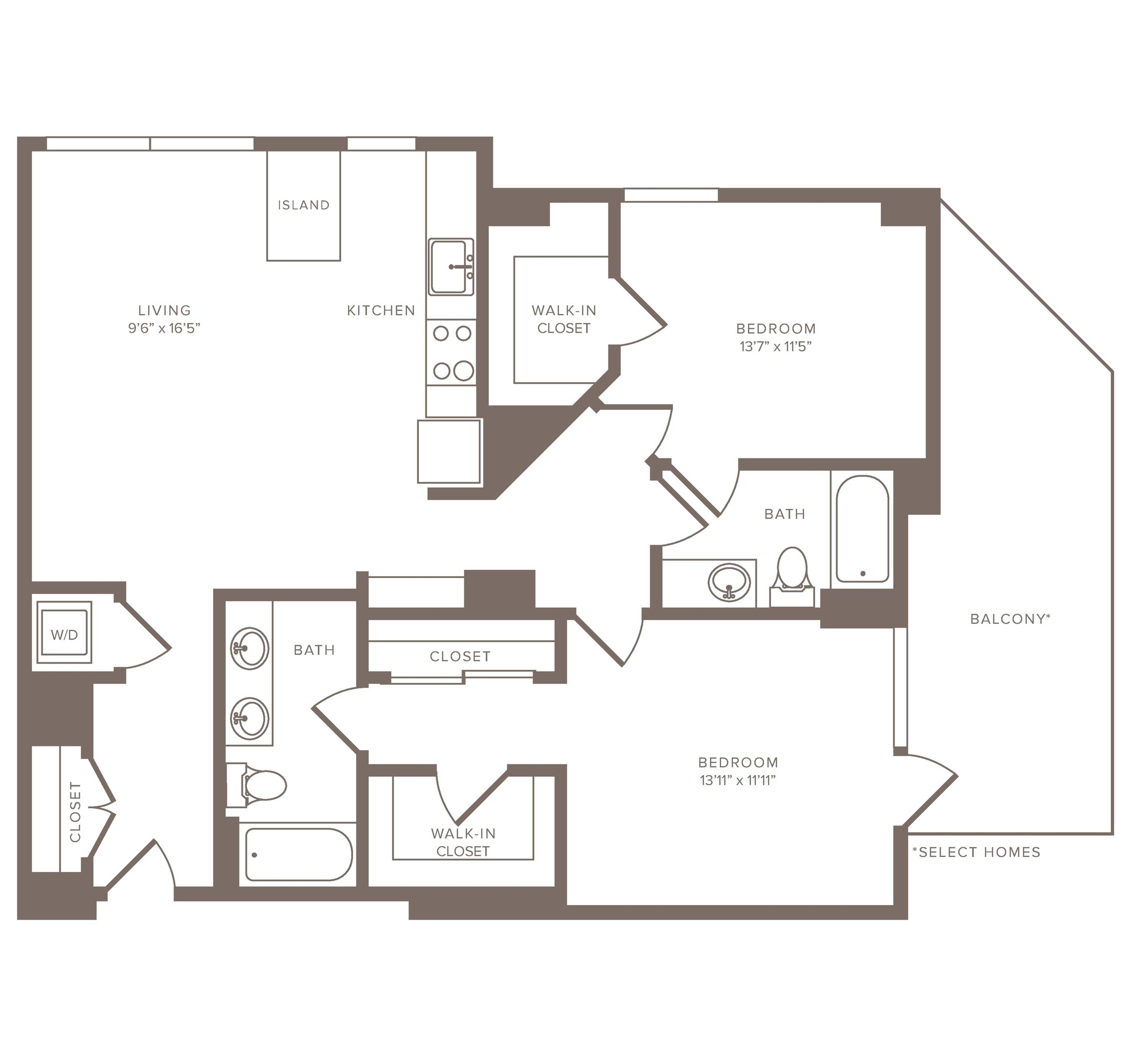 1217 square foot two bedroom two bath apartment floorplan image