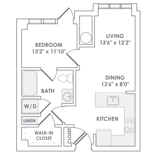 828 square foot one bedroom one bath apartment floorplan image