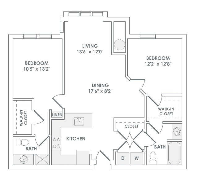 1089 square foot two bedroom two bath apartment floorplan image