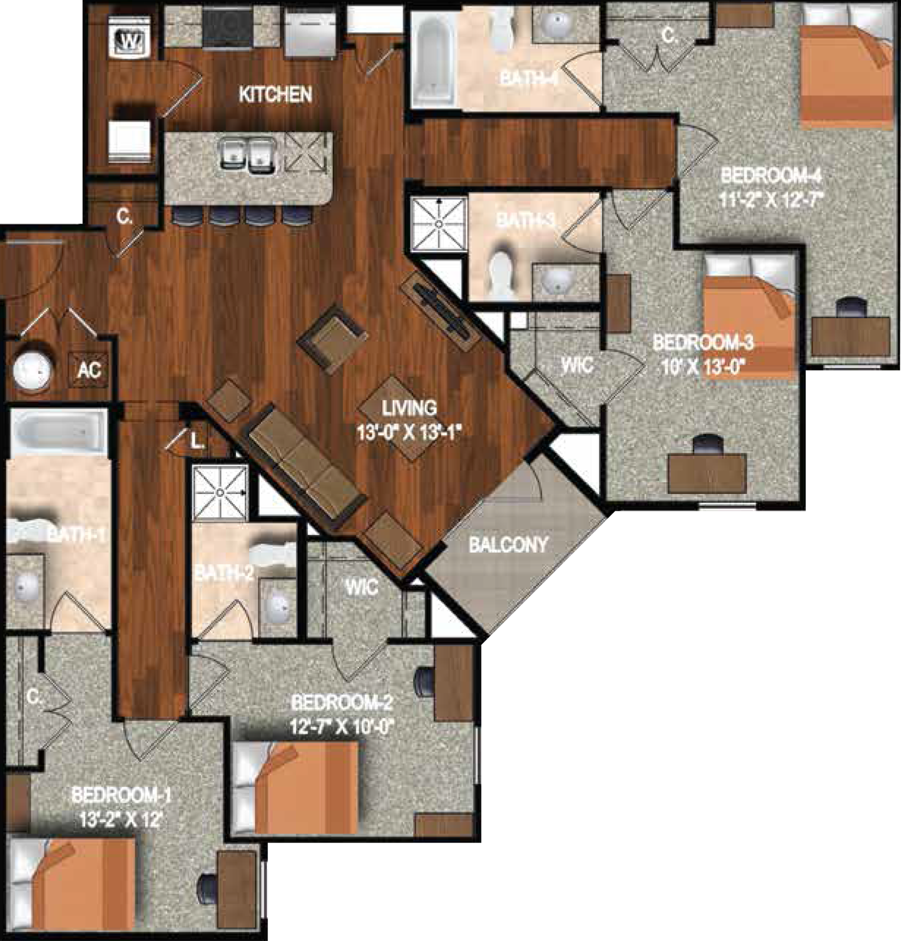 4 Bedroom 4 Bathroom D3 4 Bed Apartment 319 Bragg