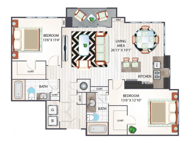 Two Bedroom Floor Plan | Apartments in West Columbia SC | Advenir at One Eleven