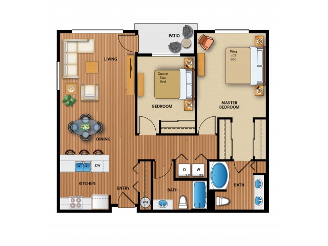 3D Image | 2 Bedroom Floor Plan | Outlook at Pilot Butte Apartments | Bend Oregon Apartments