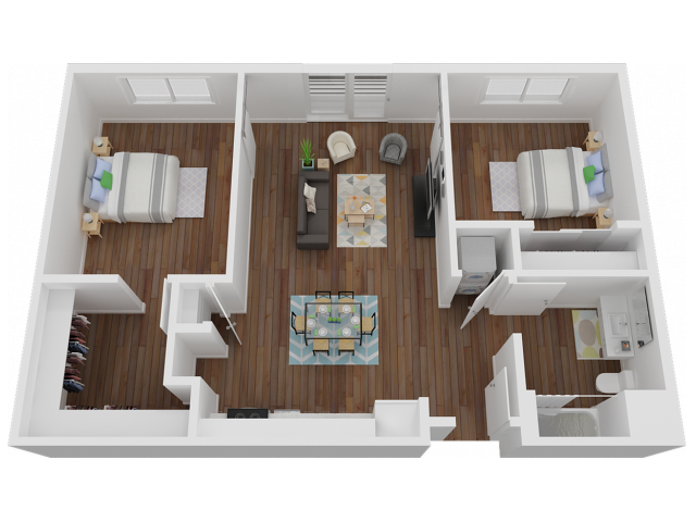 Two-bedroom aerial floorplan with furniture